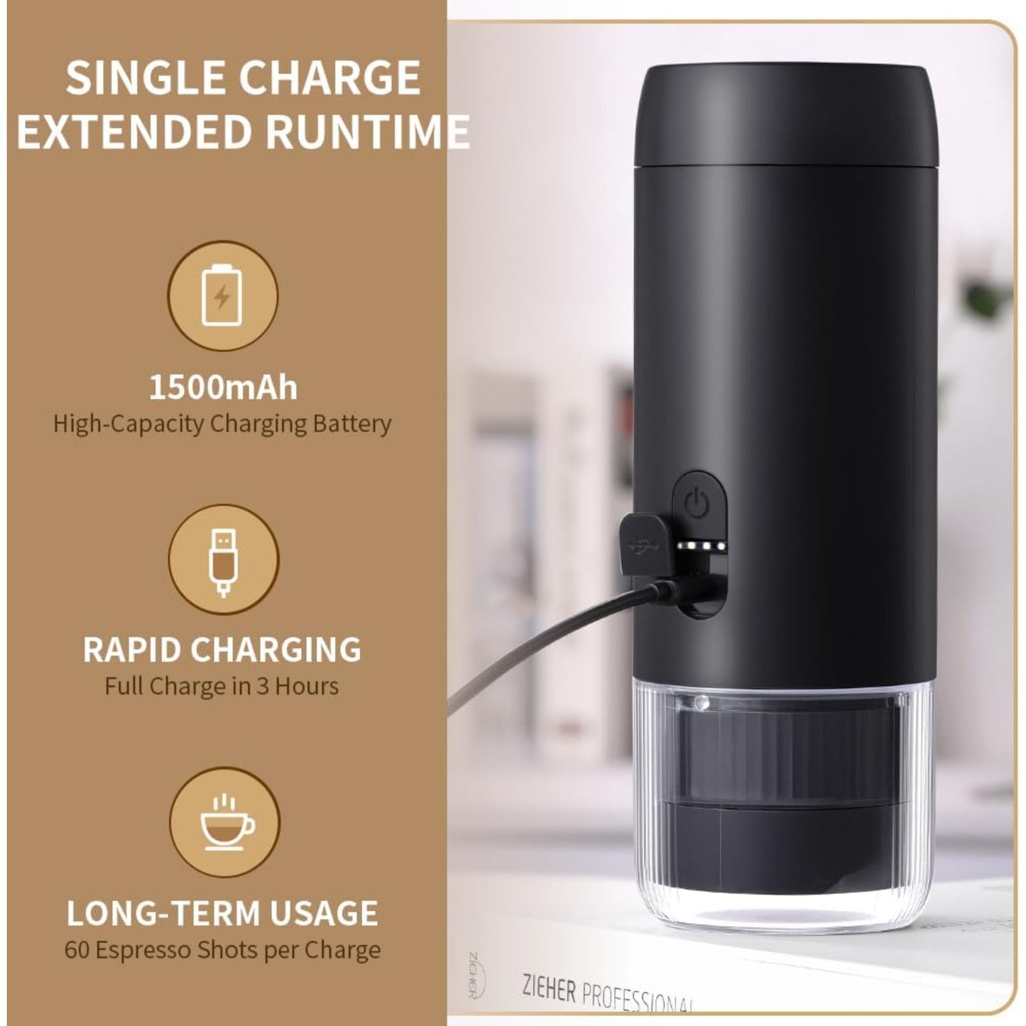 Portable Espresso Maker, Cordless Portable Espresso Machine with USB-C Charging, Hot & Cold Brew, Compatible with Grounds & Capsules - Ideal for Travel, Camping, Car, Office, Kitchen(without Heating Function)