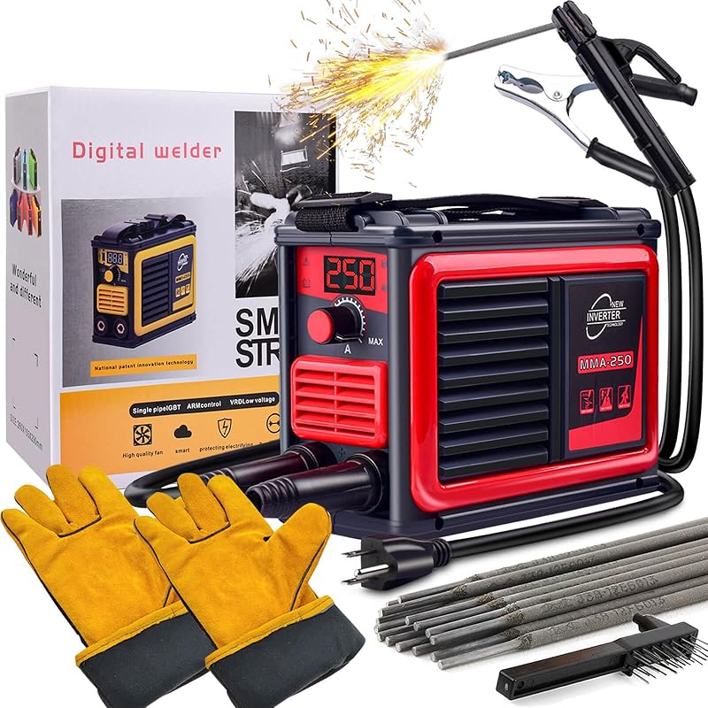 Upgraded Portable MMA-250A 110V Welding Machine with IGBT Technology & LCD Display, Hot Start Anti-Stick System, Complete DIY Welding Kit, Heavy-Duty ABS Housing & Cooling Fan Suitable for Workshop, Professional, DIY Welding