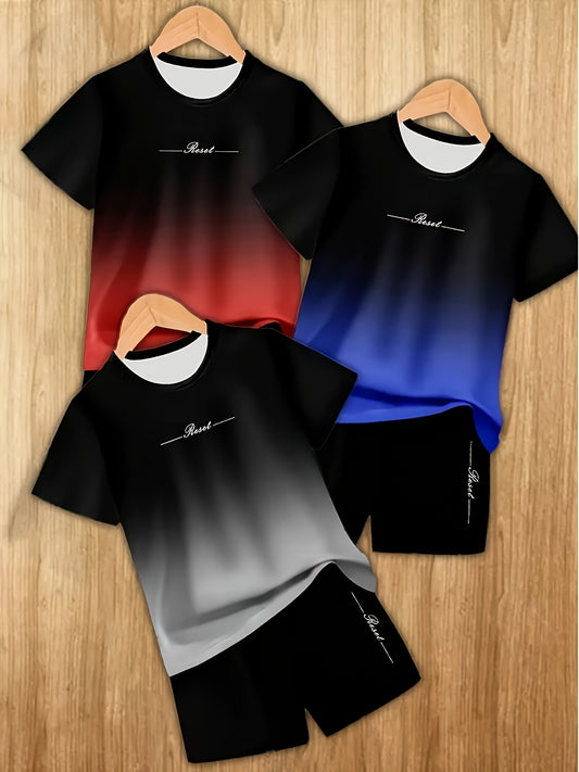 6pcs Set, Boys' Fashion 3D Printing Gradient Color Casual Short-sleeved Shorts T-shirt Spring And Summer Sweater Short-sleeved Shorts, Boys' Outdoor Sports Tops with Shorts Set, Very Suitable for Outdoor, Perfect for Outdoor