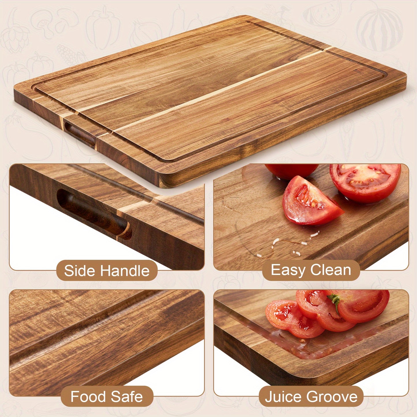 1pc Extra Large Wooden Cutting Board with Juice Groove, Thick Acacia Wood Chopping Board, 20 X 15 Inches, Heavy Duty Utensil, Perfect for Christmas Gift