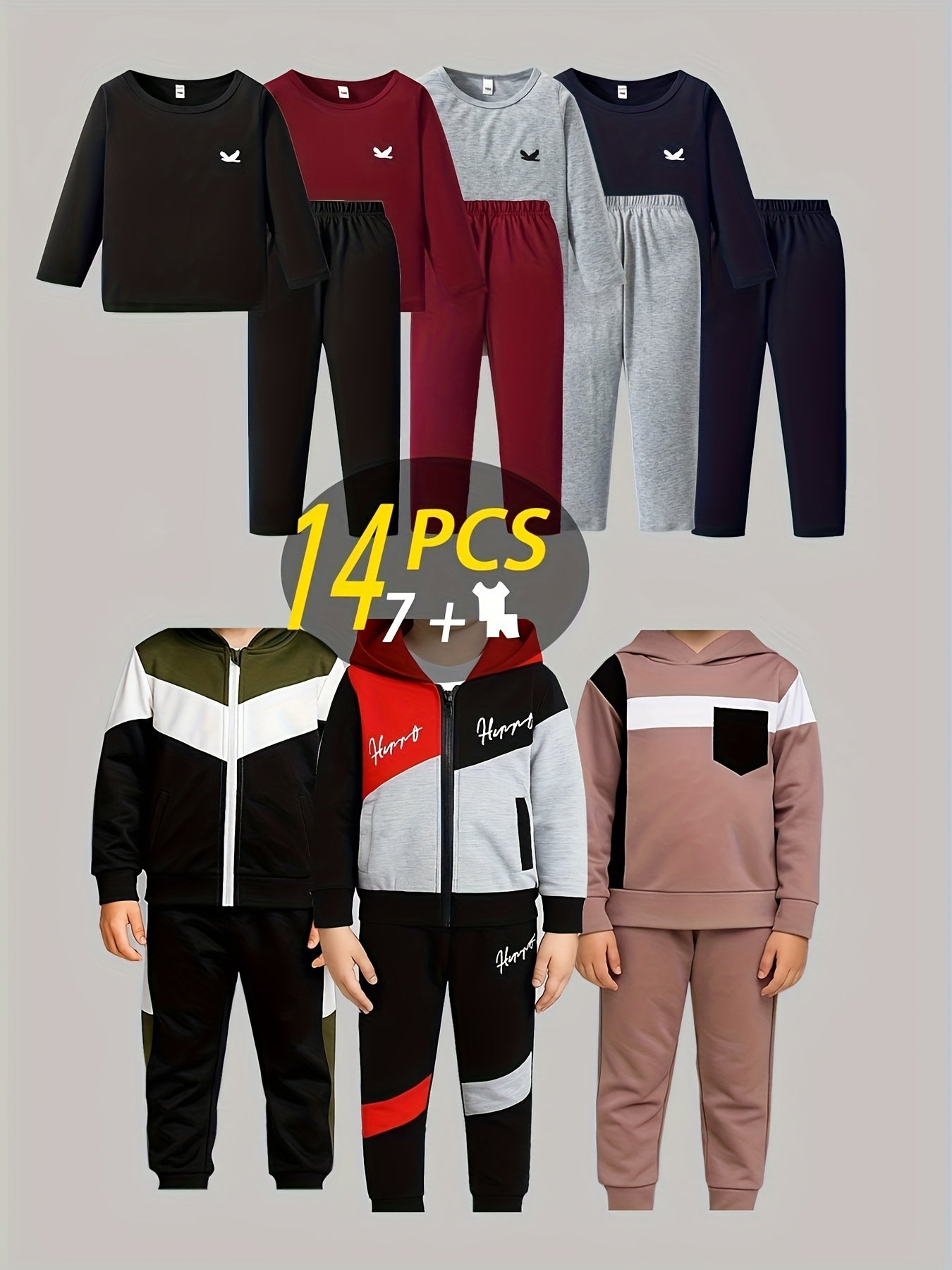 14pcs - Targeted Development New Year Gift Halloween Autumn/Winter New Style Boys' Fashion Long Sleeved Pants Set Pattern Baseball Coat Outer Coat Splicing Cool Printed Sports And Leisure Outdoor Set Seven Piece Top Seven Lon