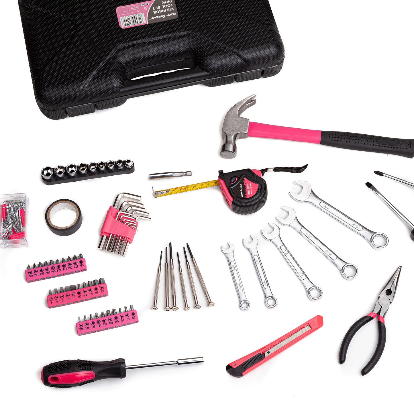 Cartman 148pcs -in- Tool Set with Plastic Toolbox - Heavy-Duty Hand Tool Kit Suitable for, DIY, Professional & Tool Collections - Comprehensive Repair Tool Kit with Storage Case (Pink)