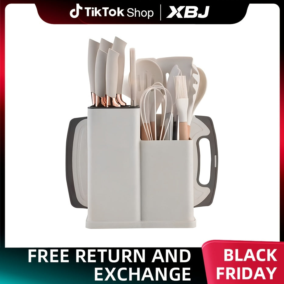 19pcs Non-Toxic Silicone Kitchen & Cutlery Set with Cutting Board, Storage Bucket & Wooden-Handle Utensils - Knives Suitable for Christmas Gifts, Daily & Meat/ Vegetable Chopping