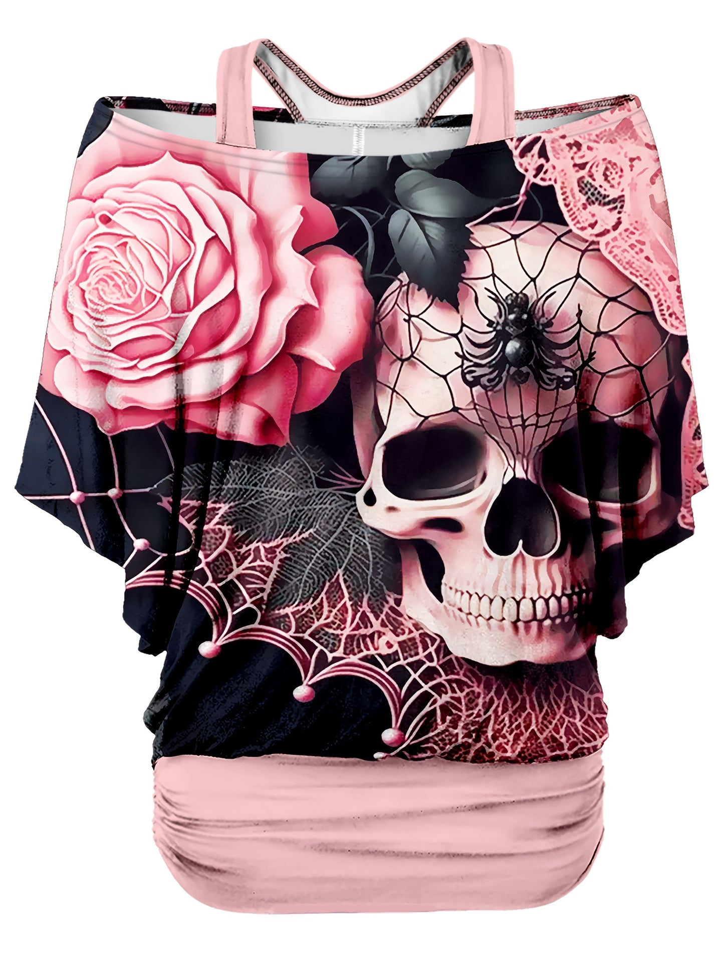 Plus Size - Women'S Gothic Skull & Rose Print T-Shirt - Off-Shoulder, Loose Fit, Short Sleeve, Dark Pink With Black Spider Web & Lace Detailing, Casual Summer Top, Relaxed Fit Tee | Unique Print Top | Digital Print Fabric