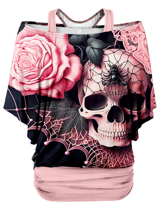 Plus Size - Women'S Gothic Skull & Rose Print T-Shirt - Off-Shoulder, Loose Fit, Short Sleeve, Dark Pink With Black Spider Web & Lace Detailing, Casual Summer Top, Relaxed Fit Tee | Unique Print Top | Digital Print Fabric