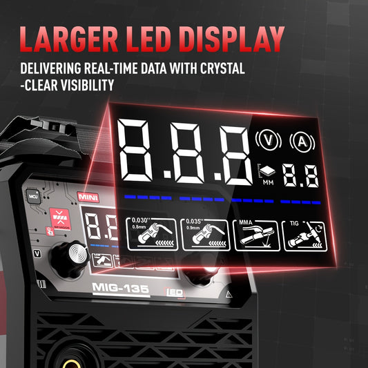 ANDELI MIG135MINI 3-in-1 MIG Welding Machine - FLUX MIG/Lift TIG/ARC, 110V Voltage, Portable Collaborative Control, Using Flux Cored Wire, IGBT Inverter, Ultra Clear LED Display Screen, Durable Metal Structure, Suitable for H