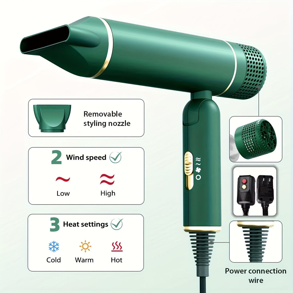1600W Foldable Travel Hair Dryer with Hot/Warm/Cold Wind, 2-Speed Control, Professional Negative Ion Care, Nozzle & Ergonomic Handle - Lightweight Portable Design, Ideal Gift for Women, Hair Dryer for Curly Hair, Sleek Cylind