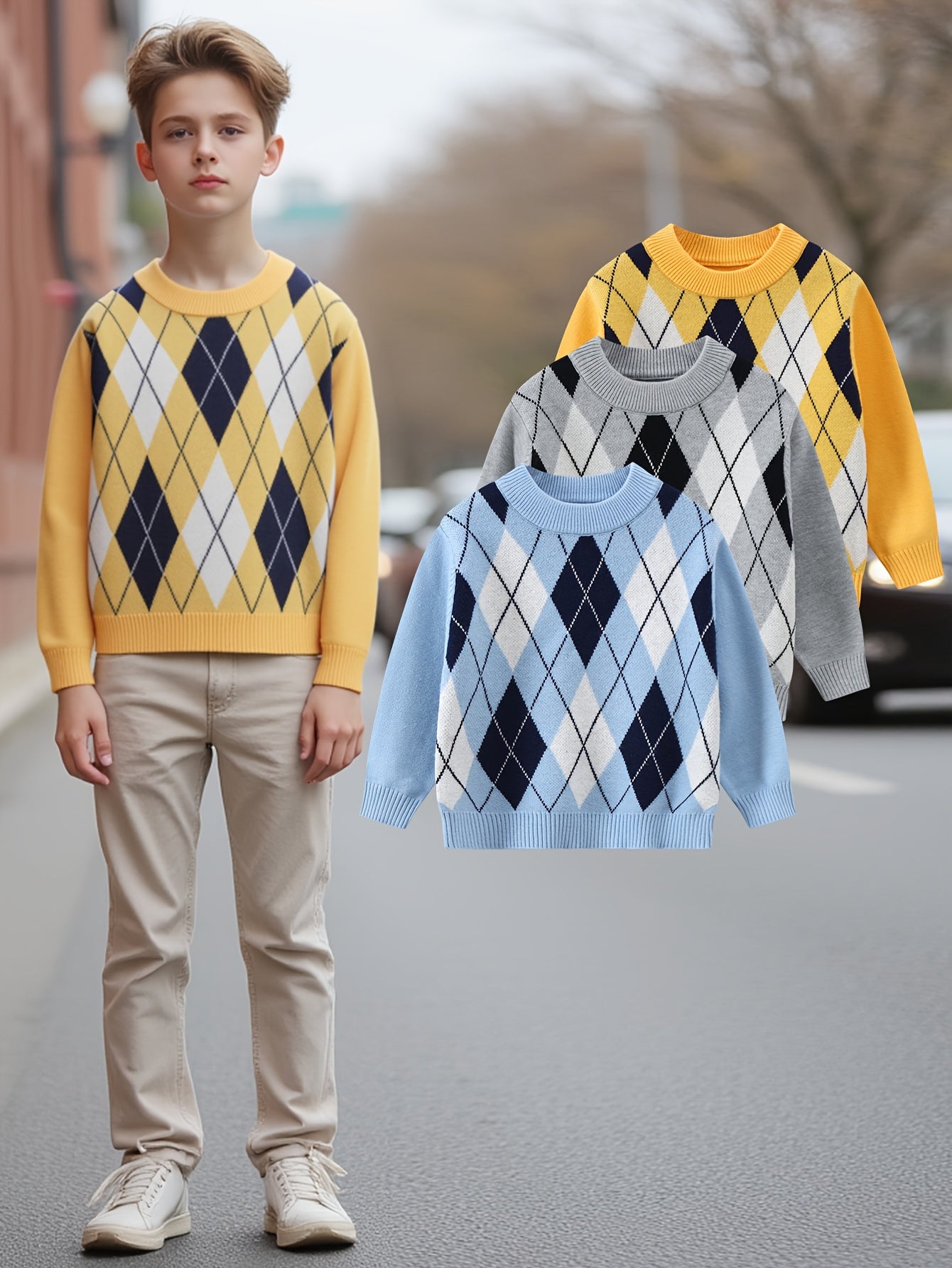 3pcs Boys' Casual Long Sleeve Knit Sweaters - Plaid & Solid Color Pattern, Round Neck, Soft Viscose Blend, Comfortable Fall/Winter Wear for Golf & Casual Outings, Golf Sweater