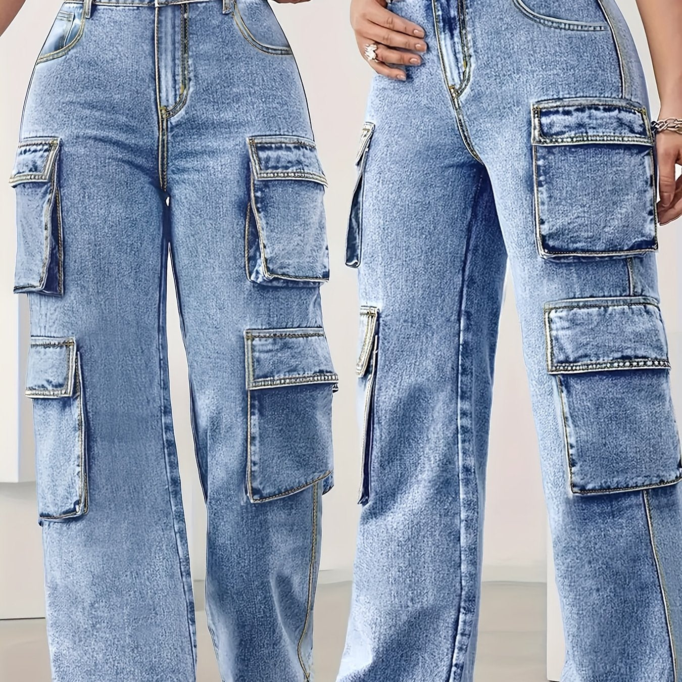 Women's High-Elastic Denim Cargo Jeans | Plus Size | Multi-Pocket Design with Flap Pockets & Zippered Side Pockets | Comfortable Cotton | All-Season Wear | Machine Washable | Street Style Fashion