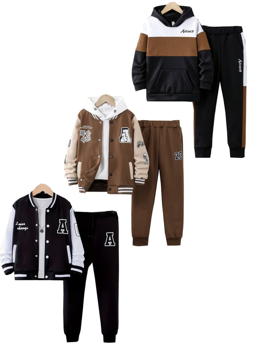6pcs - Autumn and Winter New Boys' Fashion Long Pants Set with Printed Sports Casual Outdoor Outfit 3pcs of Tops and 3pcs of Pants, Perfect for Outdoor