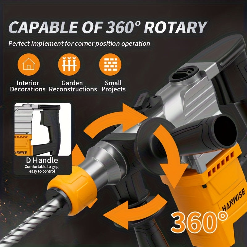 HANWISE 3-in-1 Multifunctional High-power Wired Rotary Hammer for drill, Used for Drilling, Rock for drilling, Demolition, Industrial Grade Electric for drill, Heavy-duty Impact for drill Electric Tool, Suitable for Concrete,