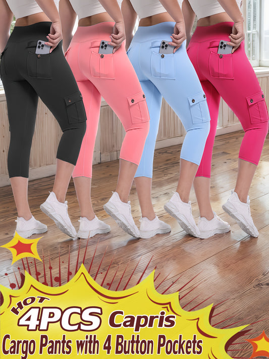 4pcs JEGGE High Waist Yoga Capri Pants - 4-Way Stretch, Butt Lifting & Tummy Control, 4 Button Pockets, Solid Color Workout Running Sports Pants for Women, All-Season Comfort, Workout Leggings, Sleek Sporty Design, Comfortabl