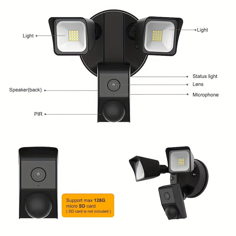 LED Smart Security Camera, 27W, 2300 Lumens, 5700K, 3 Mega Pixel, HD Live View, 10m Infrared Night Vision, Support Two-way Voice & Human Shape Detection & Cloud Storage, Enhanced Motion Detection, Built-in Siren, With Alexa &