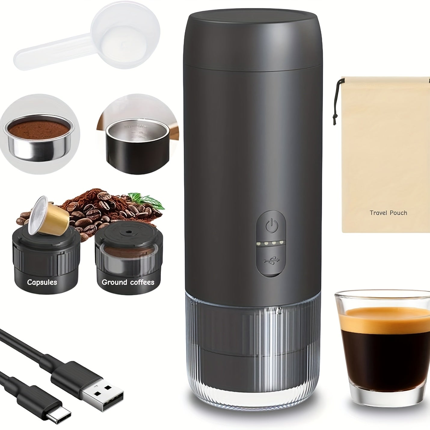 Portable Espresso Maker, Cordless Portable Espresso Machine with USB-C Charging, Hot & Cold Brew, Compatible with Grounds & Capsules - Ideal for Travel, Camping, Car, Office, Kitchen(without Heating Function)