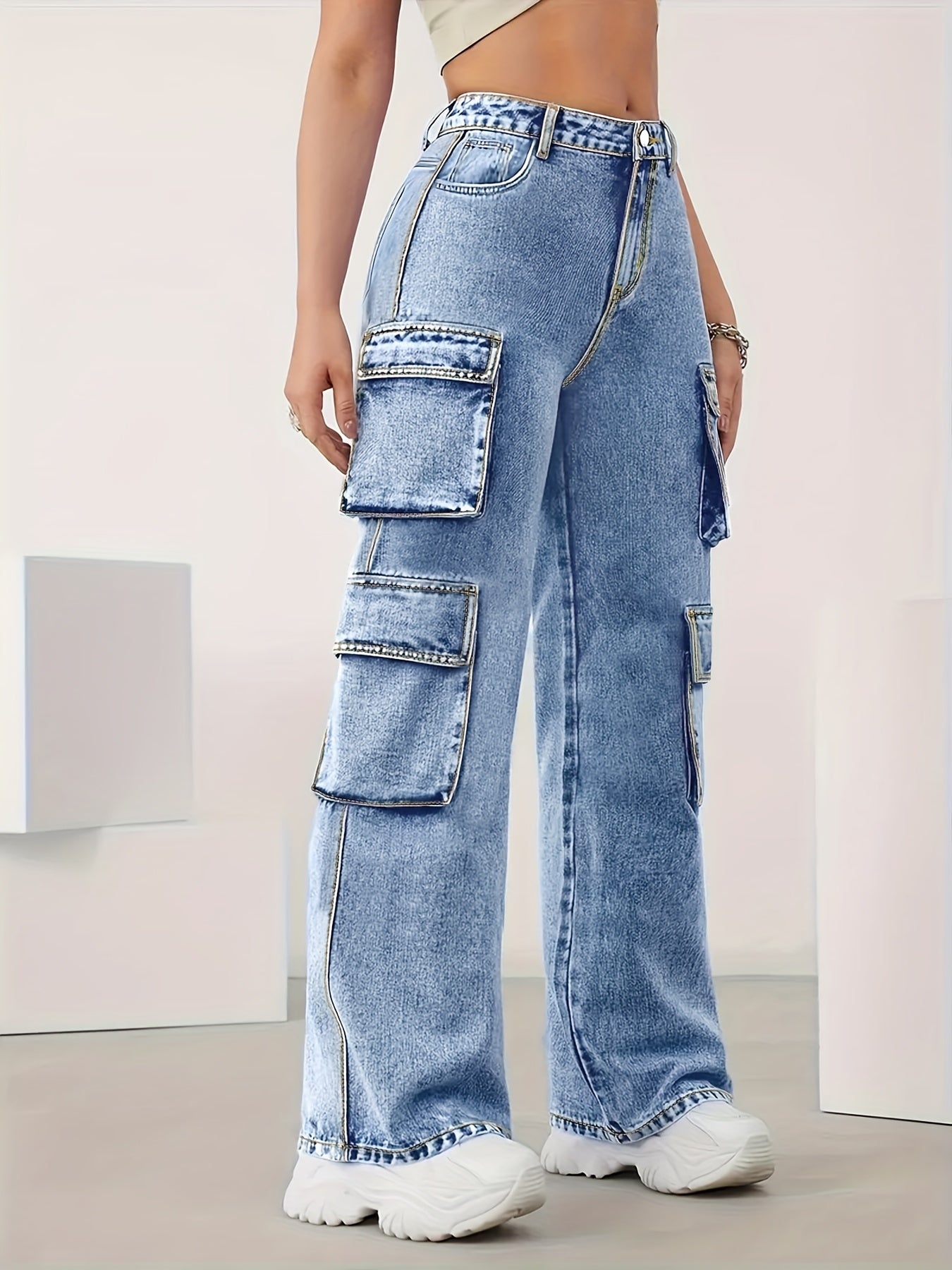 Women's High-Elastic Denim Cargo Jeans | Plus Size | Multi-Pocket Design with Flap Pockets & Zippered Side Pockets | Comfortable Cotton | All-Season Wear | Machine Washable | Street Style Fashion