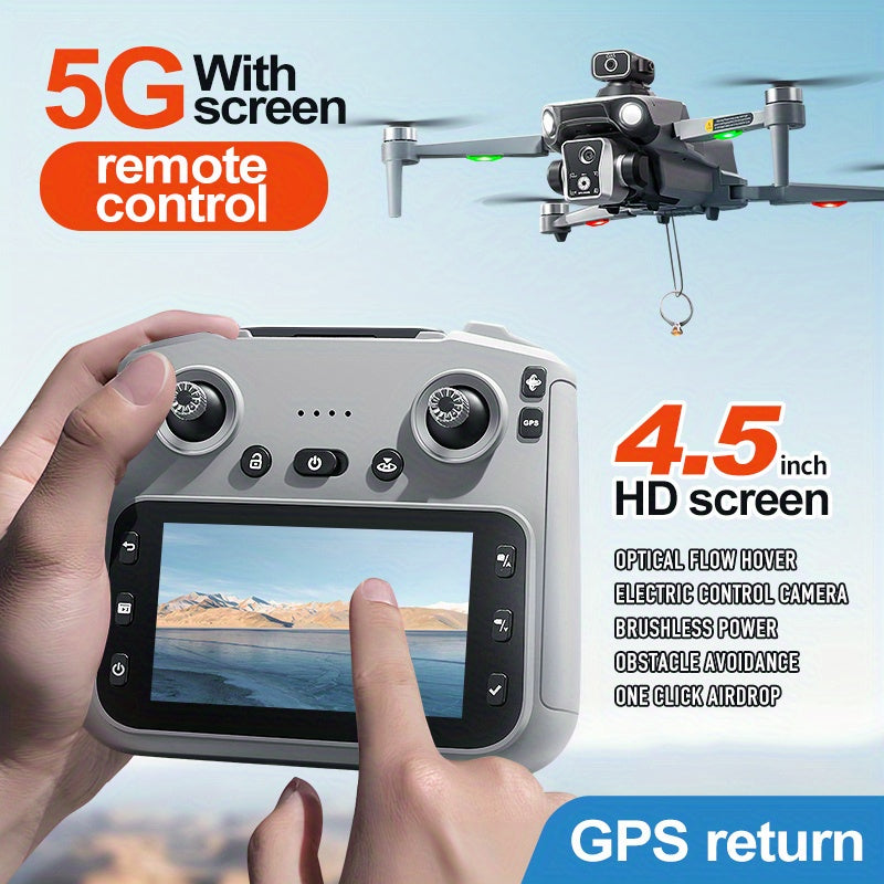 New K19 MAX GPS Folding Drone with Large 4.5-inch LCD Screen And Memory Card, Aerial Drop Function, 5G WiFi FPV First View, 360° Obstacle Avoidance, Brushless Motors, Optical Streaming Positioning, Includes Three Batteries A