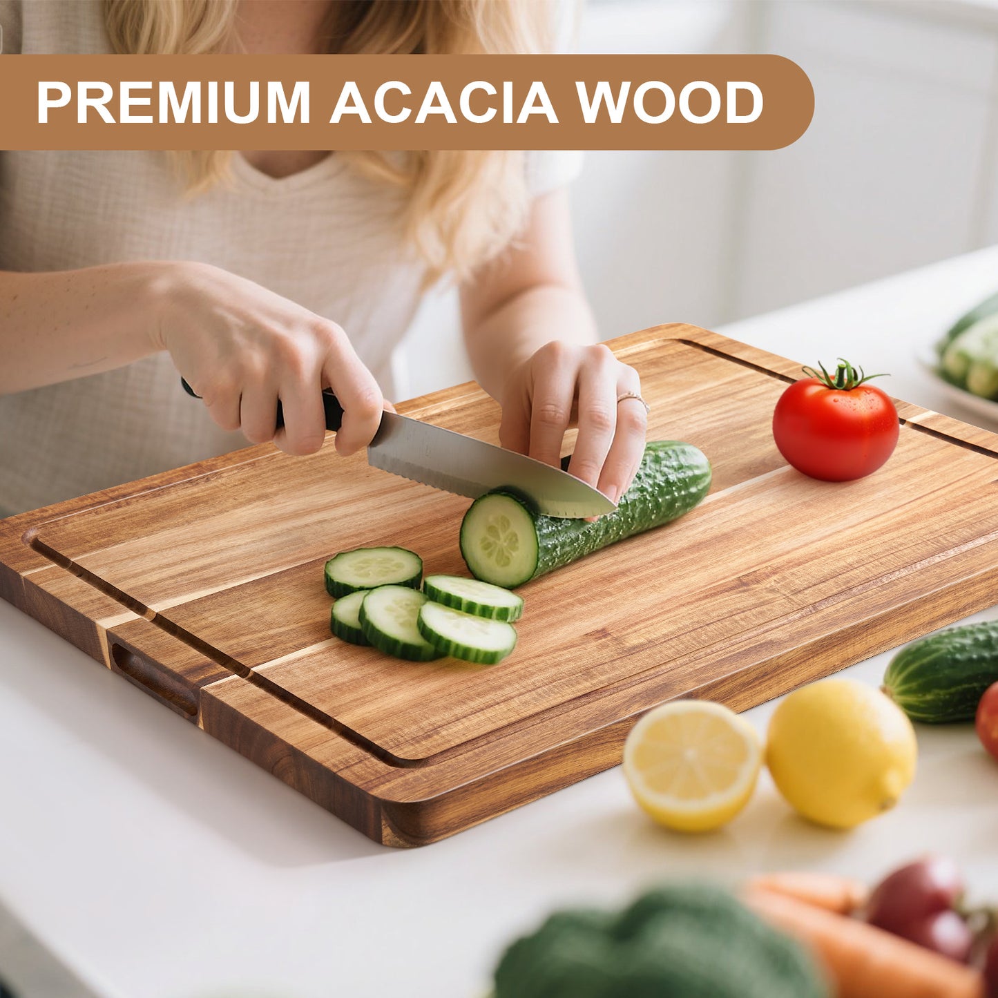 1pc Extra Large Wooden Cutting Board with Juice Groove, Thick Acacia Wood Chopping Board, 20 X 15 Inches, Heavy Duty Utensil, Perfect for Christmas Gift
