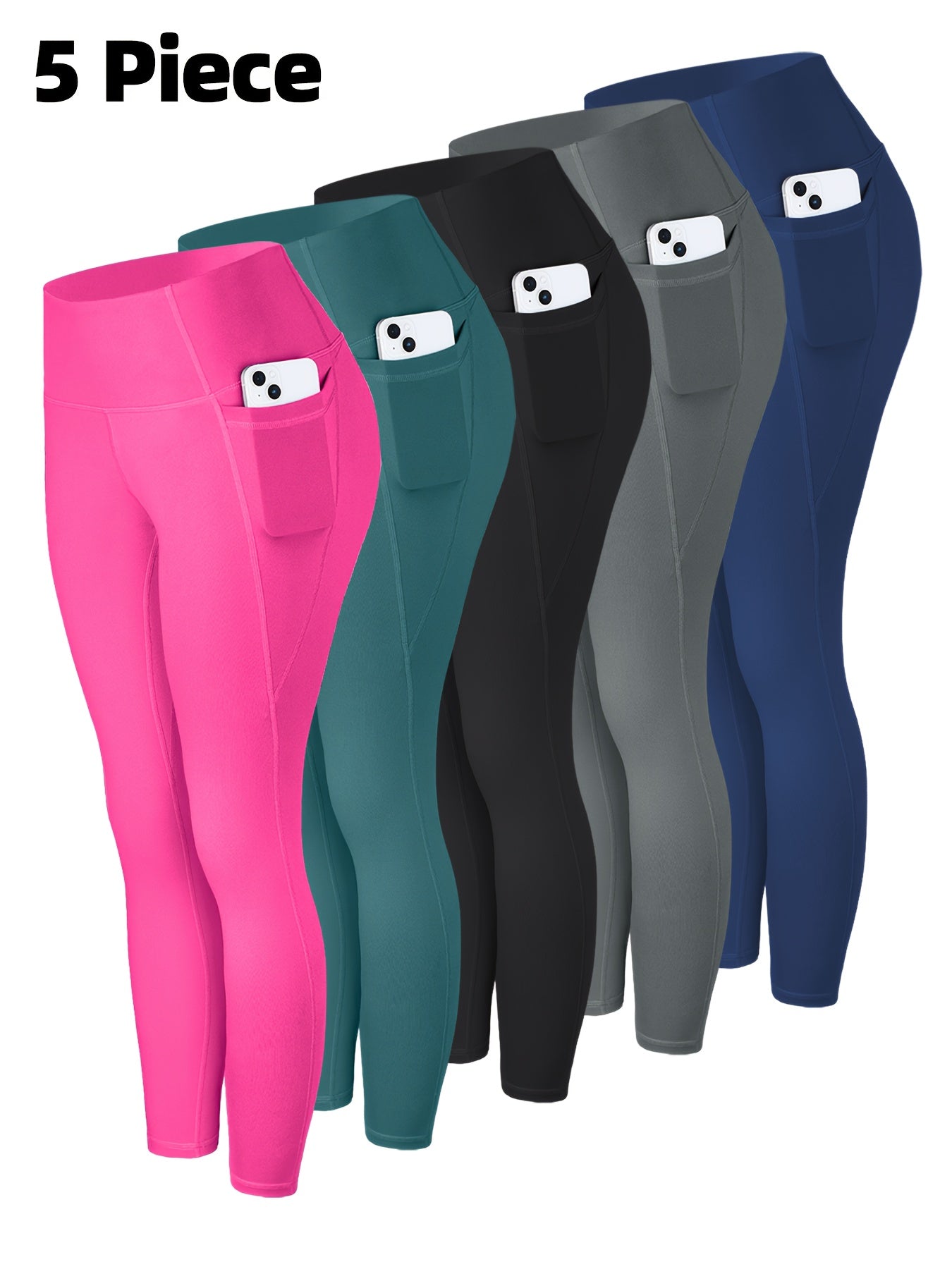 5pcs Multi-Color Pack (Maroon/Blue/Black/Olive) Women's High-Waisted Leggings with Side Pockets - Non-See-Through & Casual Pants, Stretchy Cropped Bottoms (Nine-Tenths Length), All-Season, Casual Attire, Leggings, Solid Color