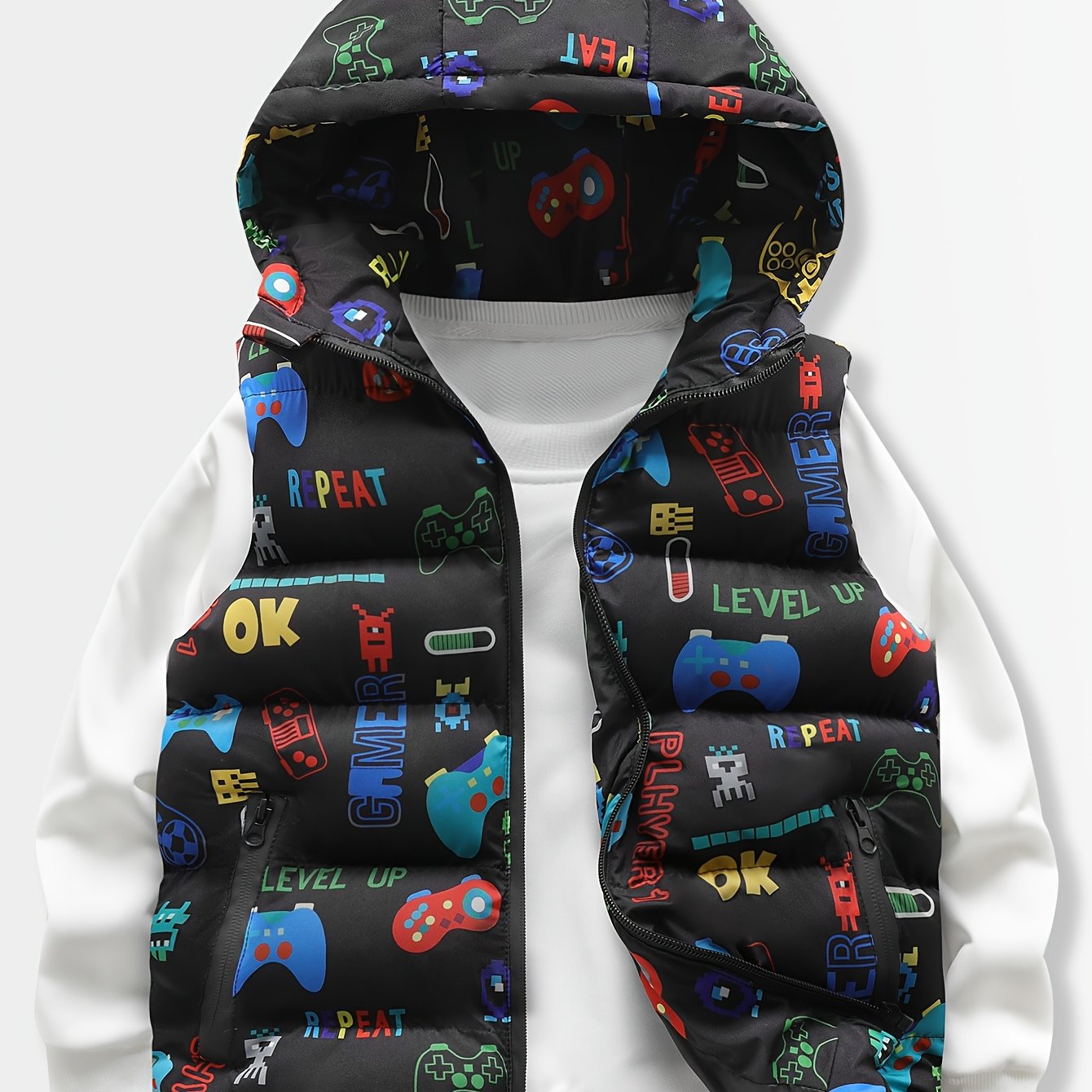 Colorful Alphabet Pattern Boys' Casual Leisure Cartoon Game Machine Zipper Hooded Jacket Vest Coat, for Teenager