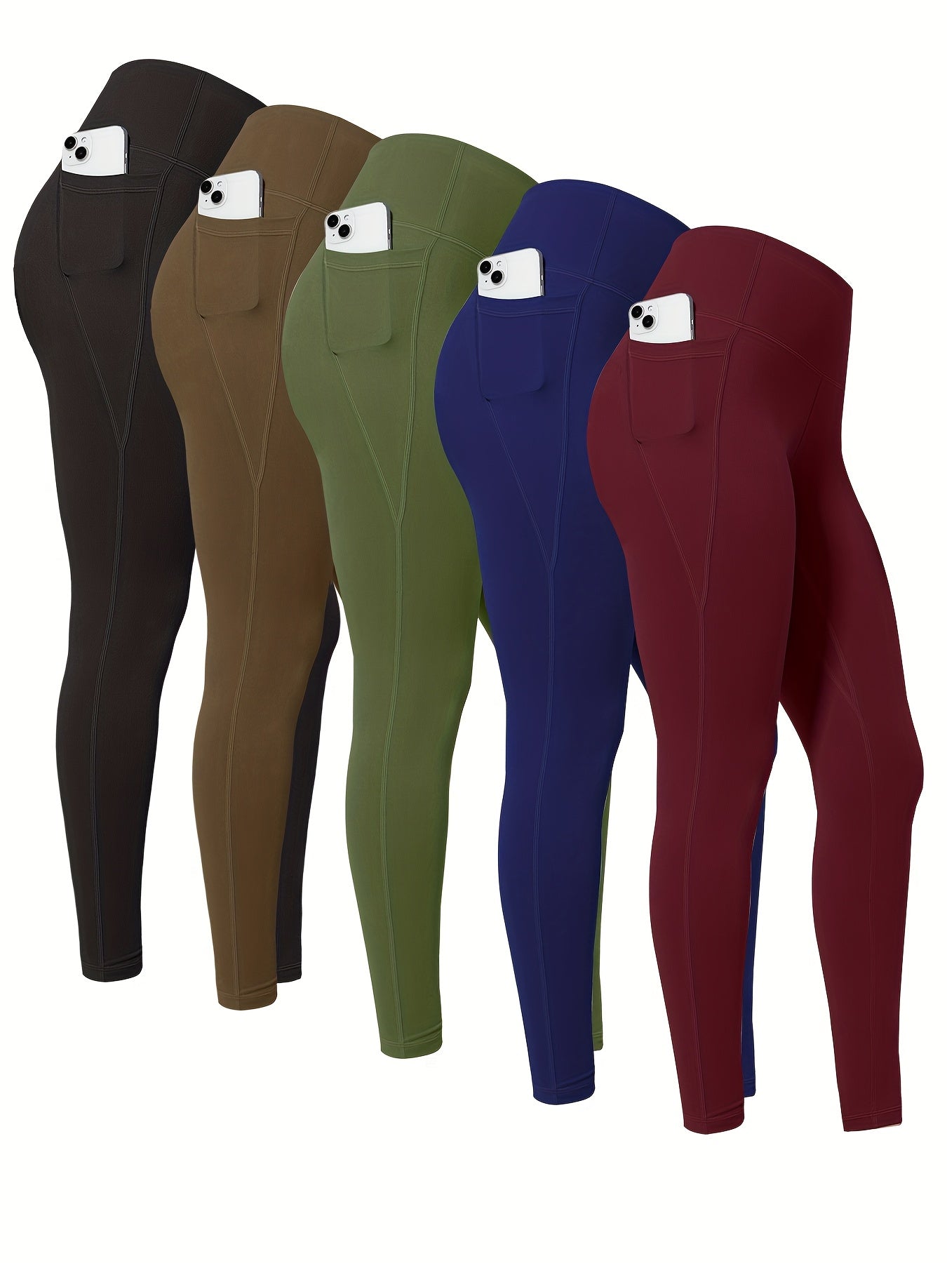 5pcs Multi-Color Pack (Maroon/Blue/Black/Olive) Women's High-Waisted Leggings with Side Pockets - Non-See-Through & Casual Pants, Stretchy Cropped Bottoms (Nine-Tenths Length), All-Season, Casual Attire, Leggings, Solid Color