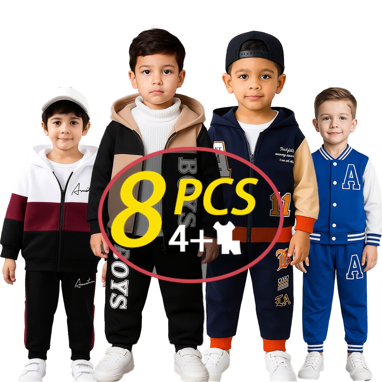 8pcs Autumn Fashion 'et Four Piece Set, 4pcs Top And 4pcs Pants, Autumn New Multi Piece Set Hoodie Sweatshirt, 'ong Sleeve Autumn Outdoor Leisure Sports Set, Perfect for Outdoor, Boy Outfit Set, Boy Pant Outfit Set, Boy Sweat