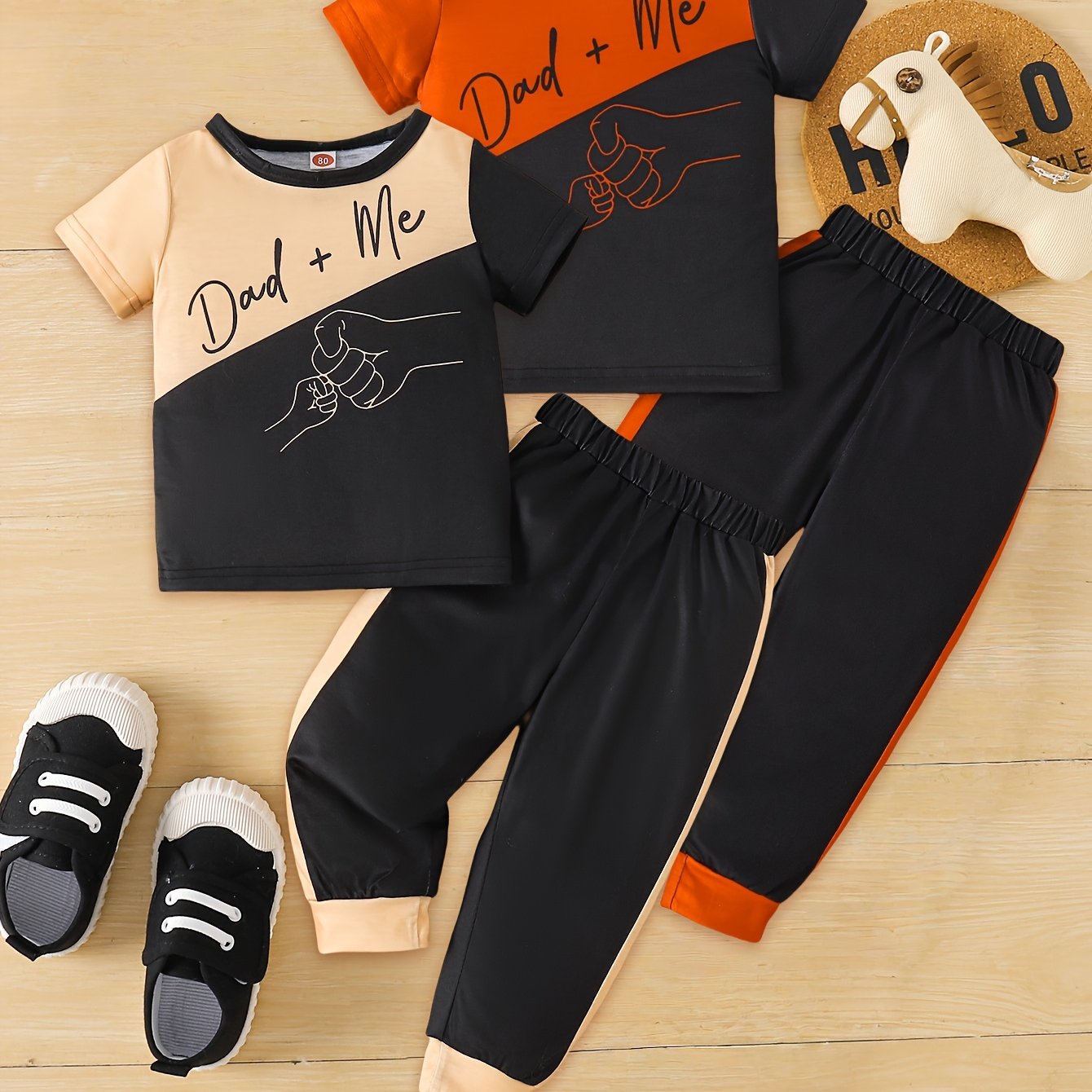 [Playful Kids Clothing] 2-Pack Boys' Cartoon Print Newborn Baby Sets - Playful Kids Clothing | "Dad + Me" & "I Love You" Hand-Drawn Graphics, Black & Orange Contrast, Short Sleeve T-Shirt & Pants, Machine Washable Spring Summ