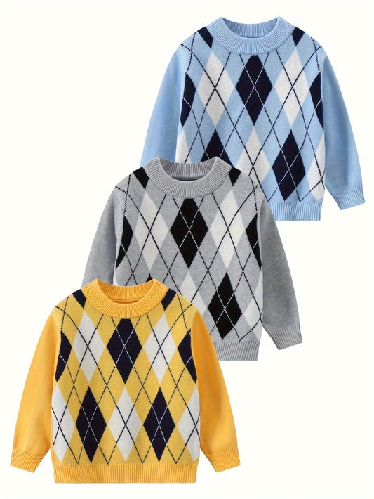 3pcs Boys' Casual Long Sleeve Knit Sweaters - Plaid & Solid Color Pattern, Round Neck, Soft Viscose Blend, Comfortable Fall/Winter Wear for Golf & Casual Outings, Golf Sweater