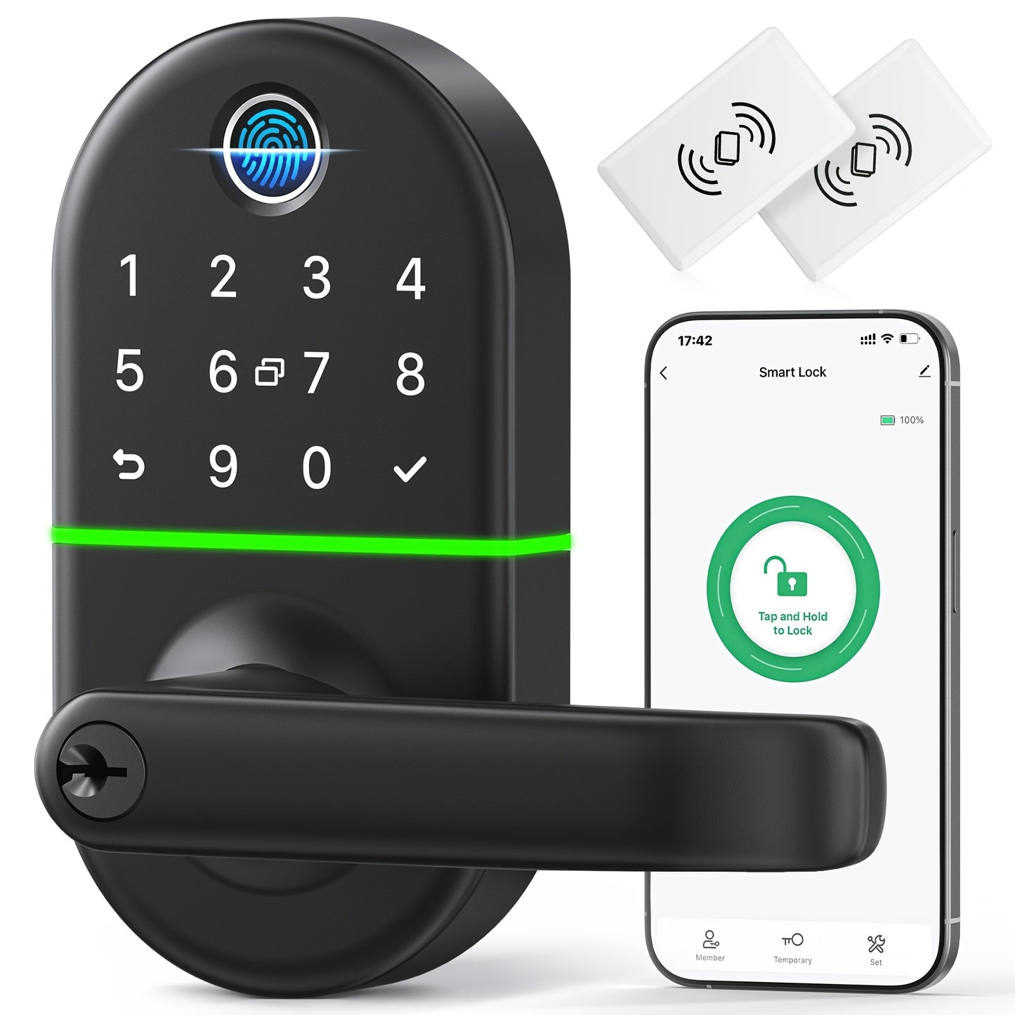 Smart Keypad Door Lock with Handle - Keyless Entry Fingerprint Biometric Lock, Enabled Electronic Deadbolt, App Control & -Peek Keypad, Compatible with Doors (, Black) - Smartphone Lock/Unlock via
