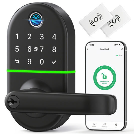 Smart Keypad Door Lock with Handle - Keyless Entry Fingerprint Biometric Lock, Enabled Electronic Deadbolt, App Control & -Peek Keypad, Compatible with Doors (, Black) - Smartphone Lock/Unlock via