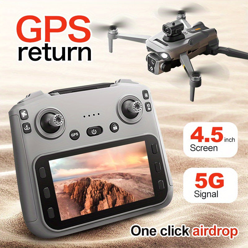 4K HD GPS Aerial Photography Drone - Unmanned Quadcopter Equipped with Three Batteries, A Large 4.5-inch Color LCD Screen, Intelligent Obstacle Avoidance System, Optical Flow Positioning Technology, Low Battery Alert, And One