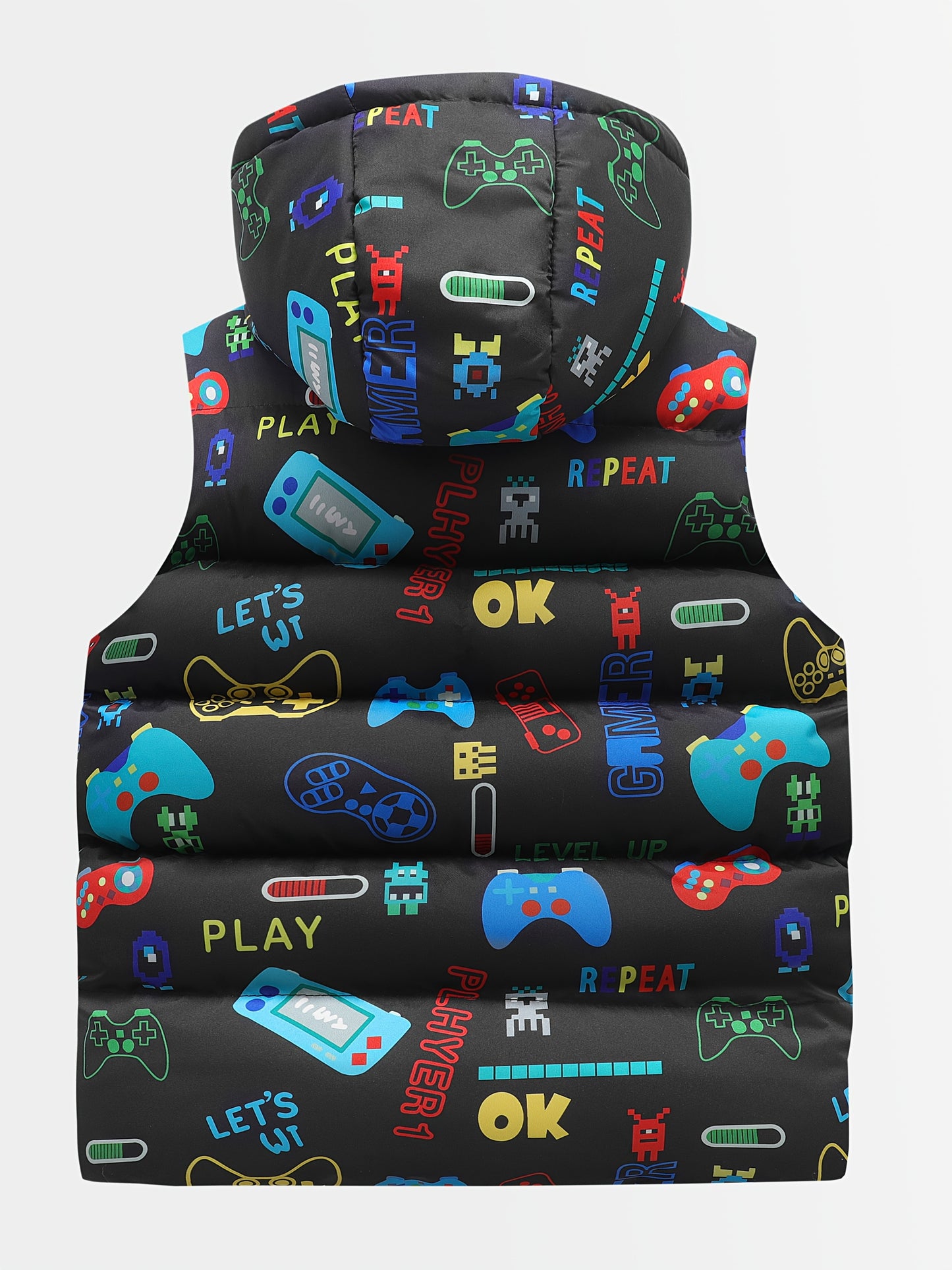 Colorful Alphabet Pattern Boys' Casual Leisure Cartoon Game Machine Zipper Hooded Jacket Vest Coat, for Teenager