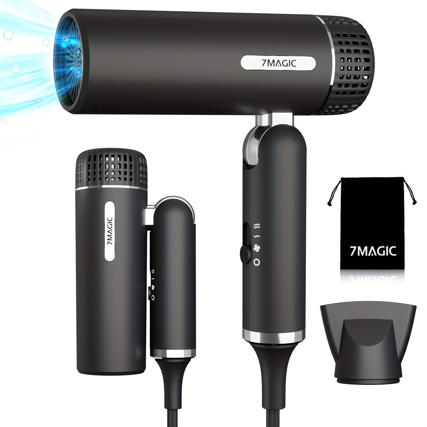 1600W Foldable Travel Hair Dryer with Hot/Warm/Cold Wind, 2-Speed Control, Professional Negative Ion Care, Nozzle & Ergonomic Handle - Lightweight Portable Design, Ideal Gift for Women, Hair Dryer for Curly Hair, Sleek Cylind