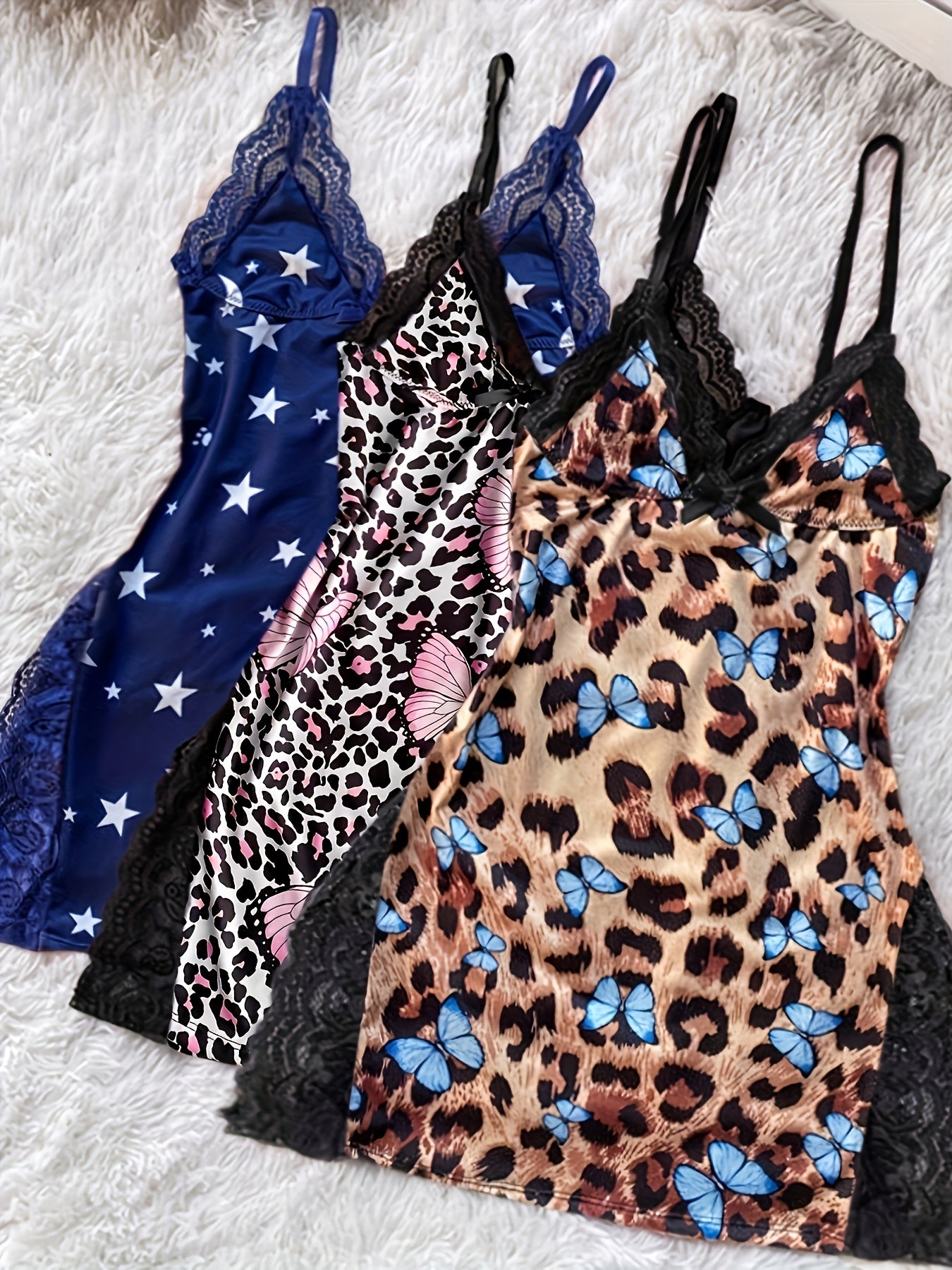 Lace-panelled V-neck Side-opening Nightdresses Set Of Three