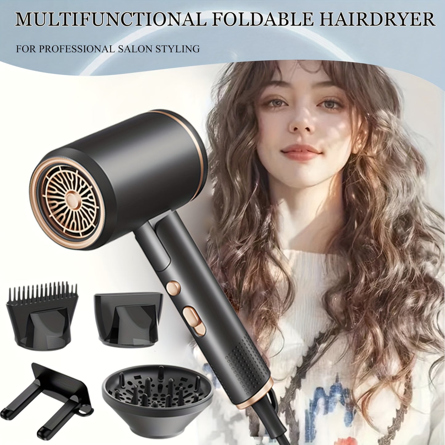 Professional Ionic Hair Dryer with Diffuser & Concentrator Lightweight, Fast Drying for Curly Hair, Ceramic Technology, Foldable & Quiet Salon-Quality Travel Blow Dryer