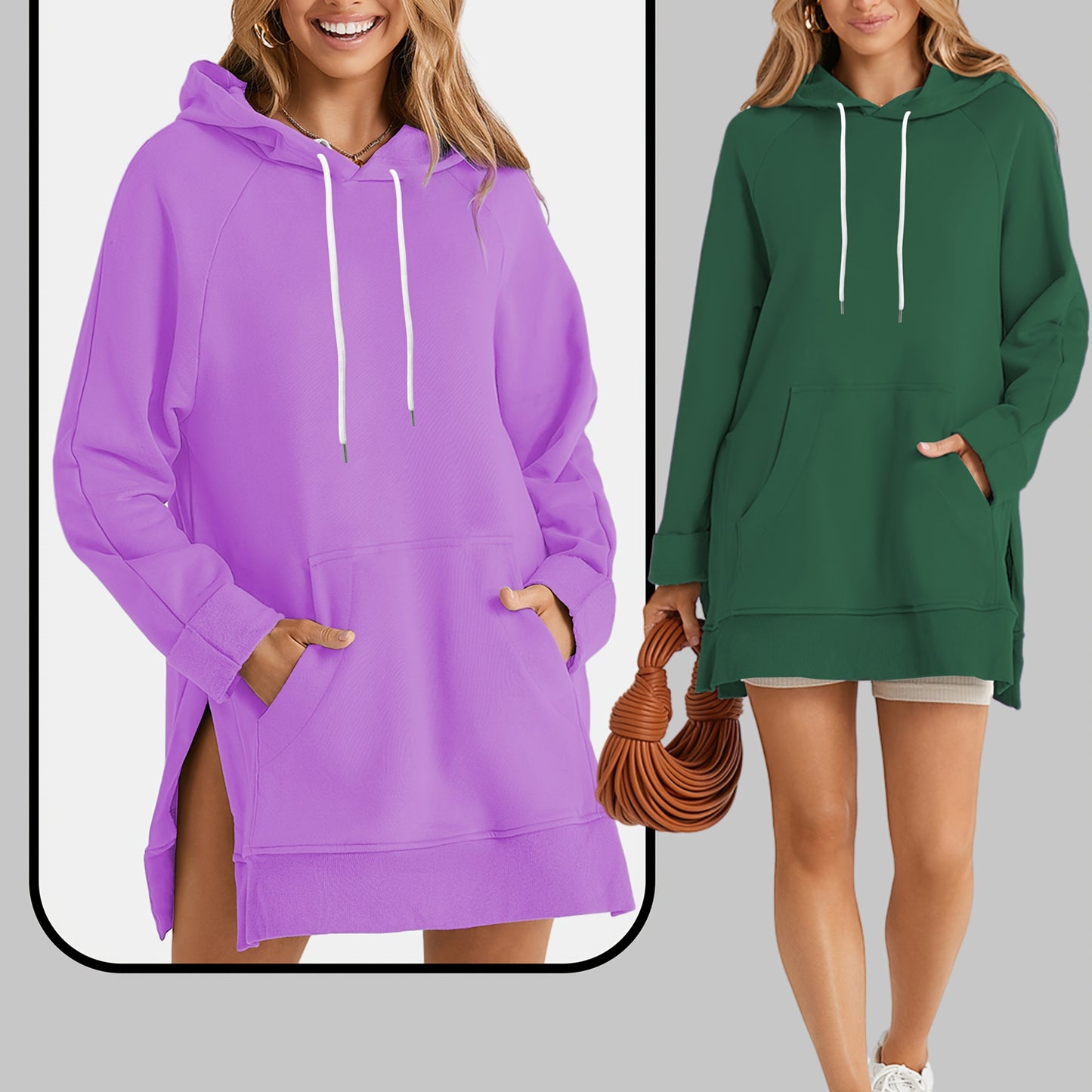2pcs Large Size Women's Sports Sweatshirt, Hoodie, Drawstring, Wombat Pocket, Split Hem, Pure Material, Suitable for Daily Wear, Shopping And Leisure
