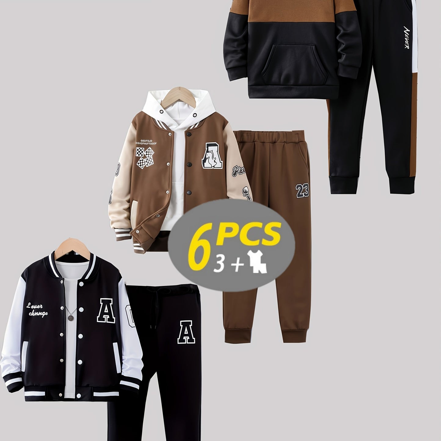 6pcs - Autumn and Winter New Boys' Fashion Long Pants Set with Printed Sports Casual Outdoor Outfit 3pcs of Tops and 3pcs of Pants, Perfect for Outdoor