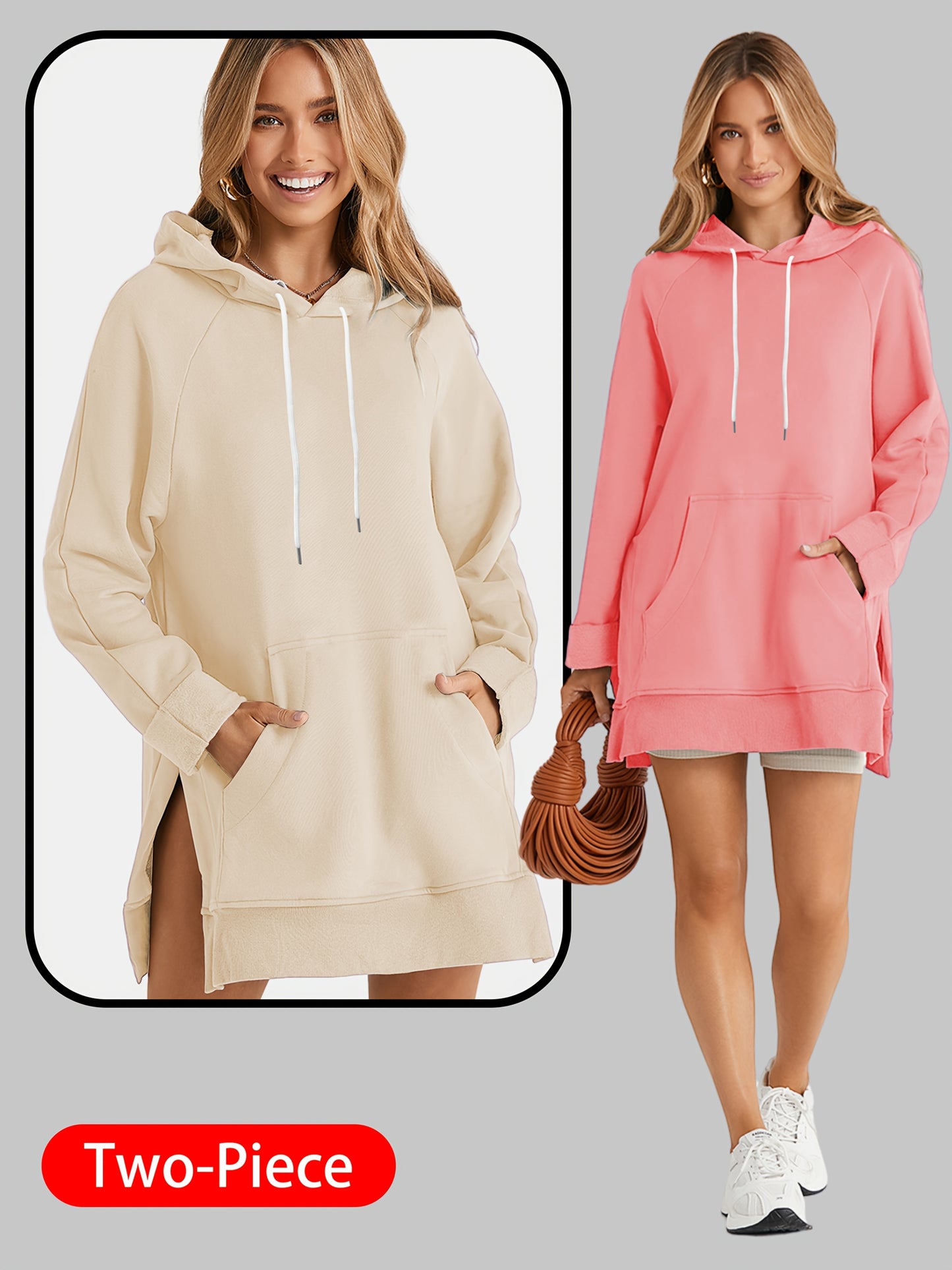2pcs Large Size Women's Sports Sweatshirt, Hoodie, Drawstring, Wombat Pocket, Split Hem, Pure Material, Suitable for Daily Wear, Shopping And Leisure