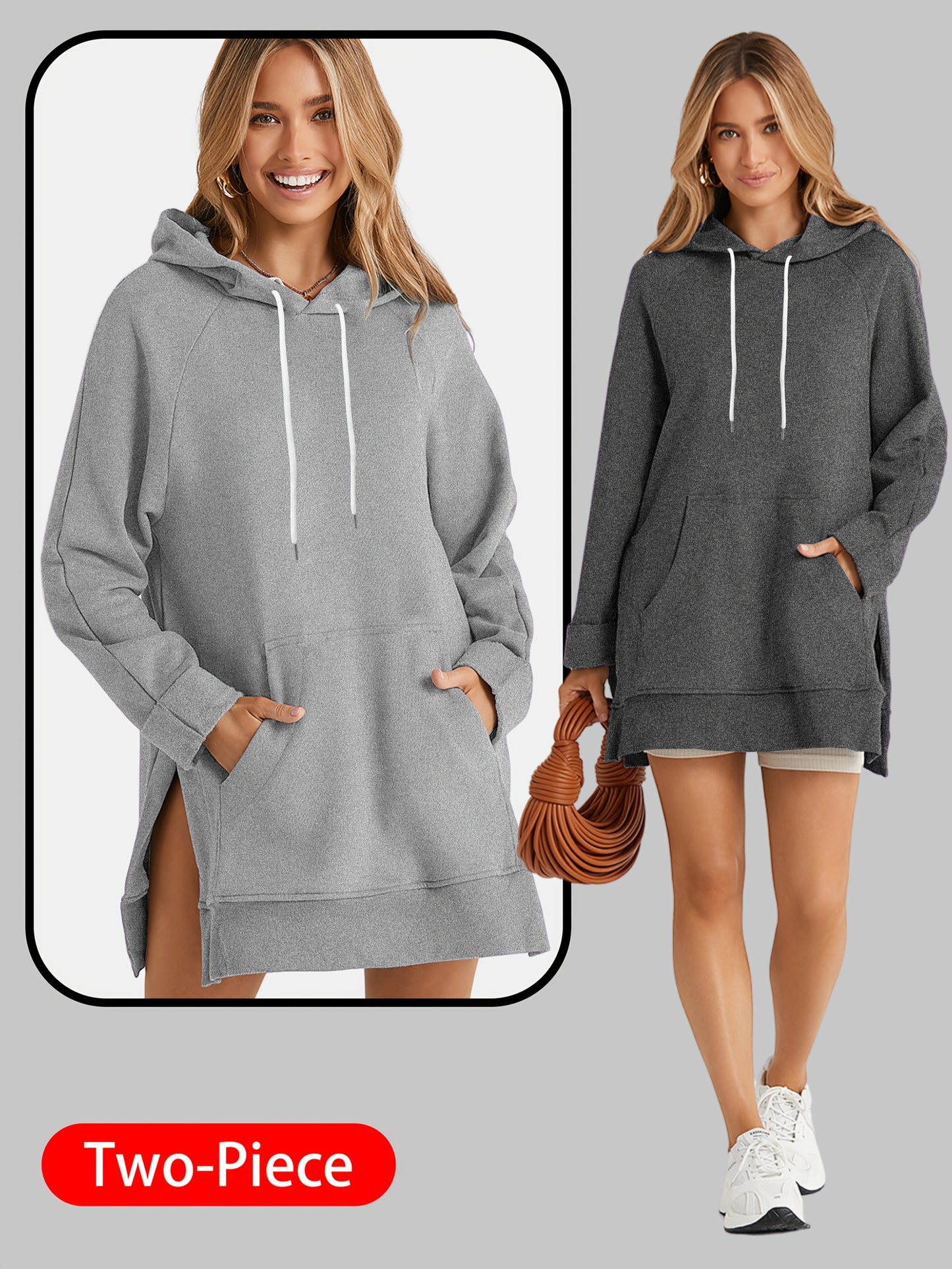 2pcs Large Size Women's Sports Sweatshirt, Hoodie, Drawstring, Wombat Pocket, Split Hem, Pure Material, Suitable for Daily Wear, Shopping And Leisure