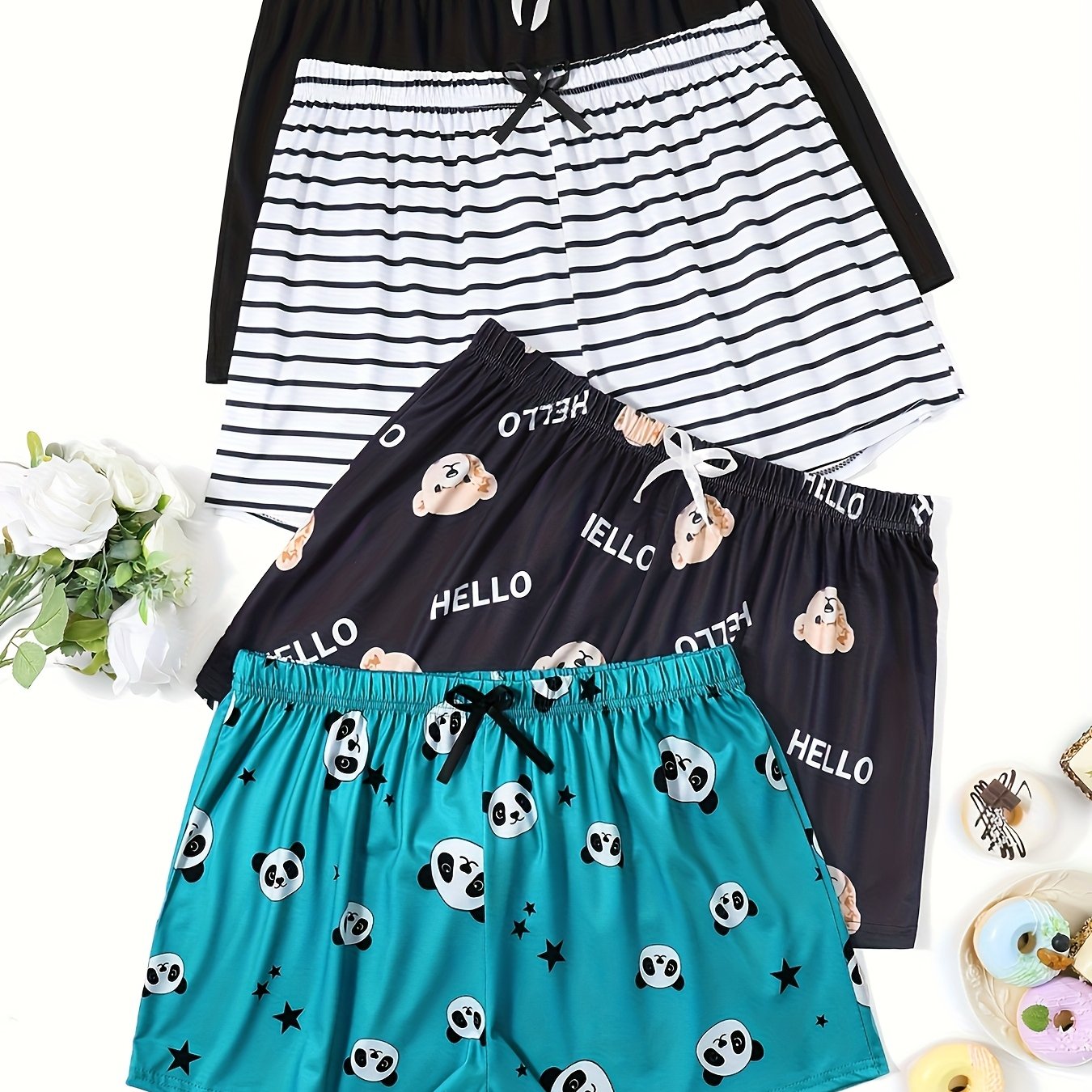Women'S Large Size Cartoon Printed Home Shorts 4pcs Combination