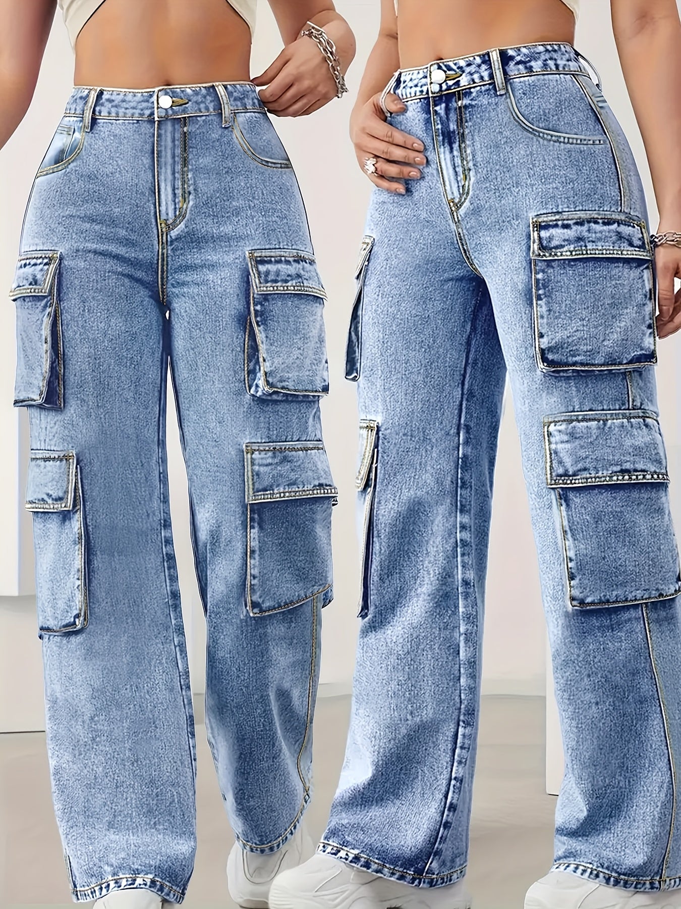 Women's High-Elastic Denim Cargo Jeans | Plus Size | Multi-Pocket Design with Flap Pockets & Zippered Side Pockets | Comfortable Cotton | All-Season Wear | Machine Washable | Street Style Fashion