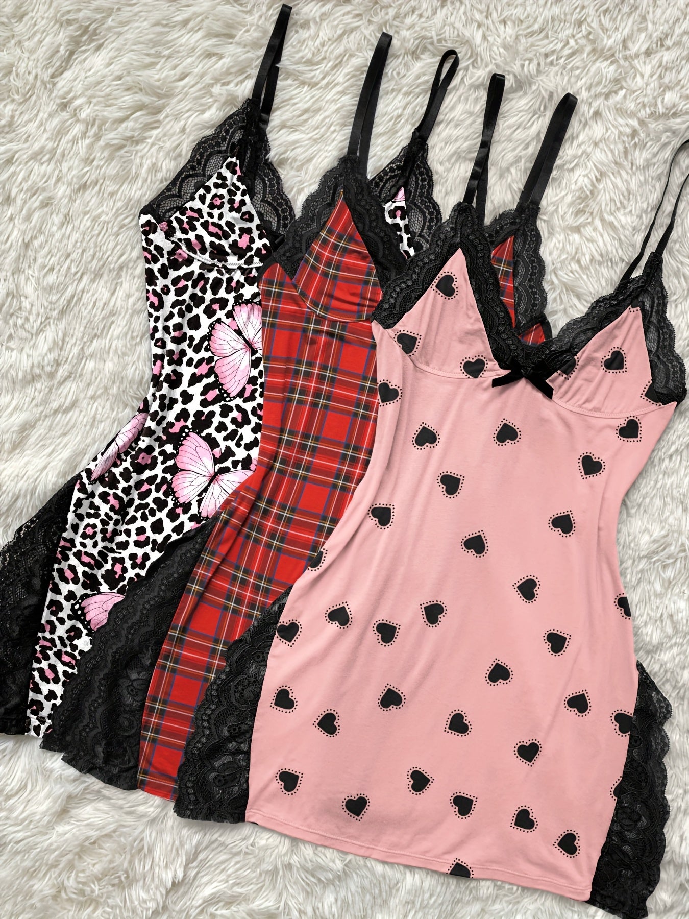 Lace-panelled V-neck Side-opening Nightdresses Set Of Three