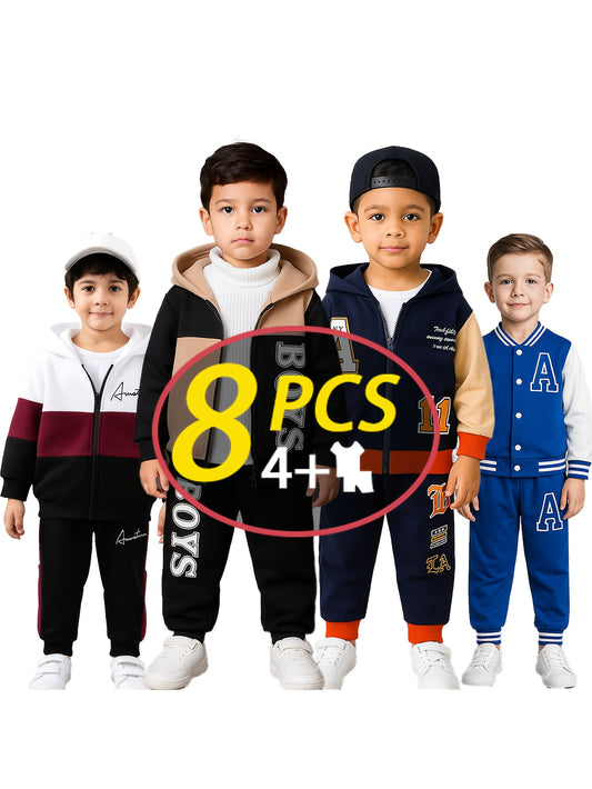 8pcs Autumn Fashion 'et Four Piece Set, 4pcs Top And 4pcs Pants, Autumn New Multi Piece Set Hoodie Sweatshirt, 'ong Sleeve Autumn Outdoor Leisure Sports Set, Perfect for Outdoor, Boy Outfit Set, Boy Pant Outfit Set, Boy Sweat