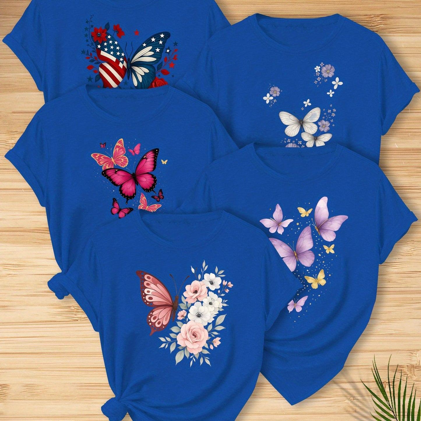 5pcs Women'S Butterfly Print T-Shirts - Vibrant Round Neck Short Sleeve Tops with Floral & Butterfly Designs, Stretchy Casual Summer Tees for Casual Attire, Ladies T Shirts