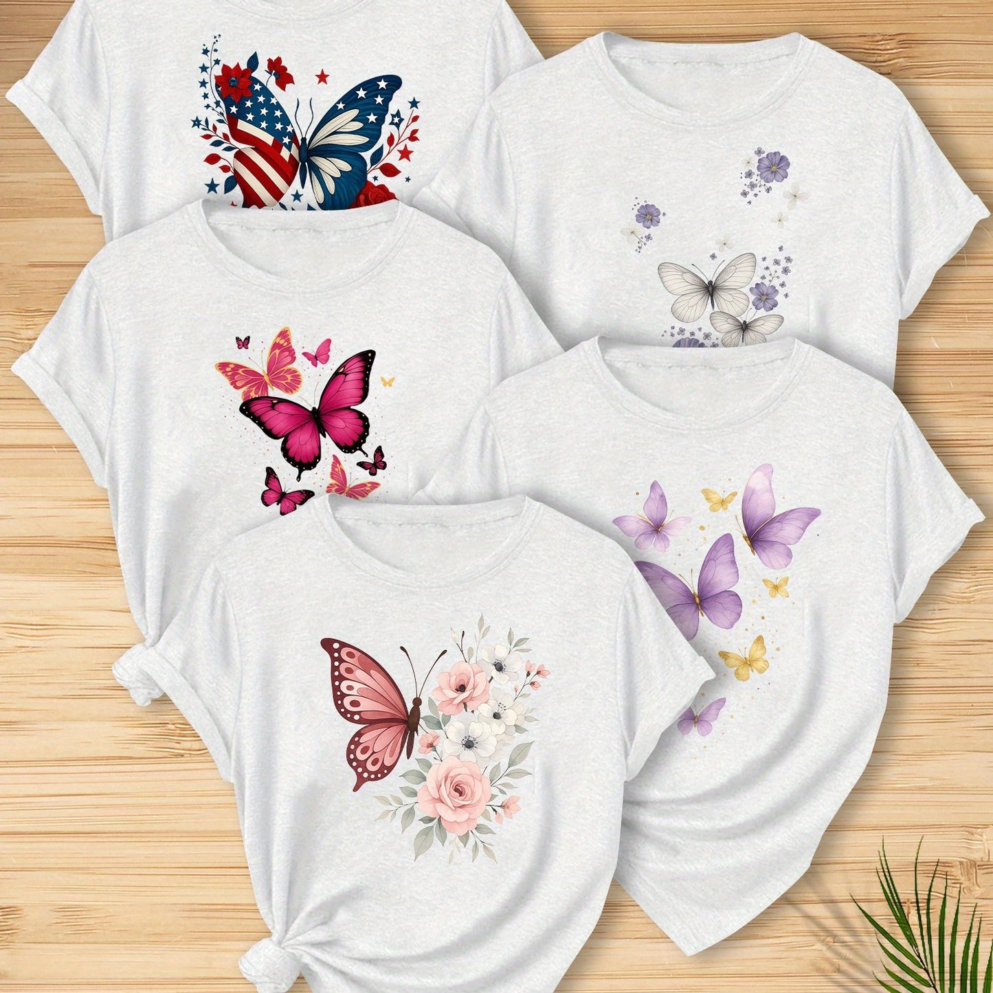 5pcs Women'S Butterfly Print T-Shirts - Vibrant Round Neck Short Sleeve Tops with Floral & Butterfly Designs, Stretchy Casual Summer Tees for Casual Attire, Ladies T Shirts