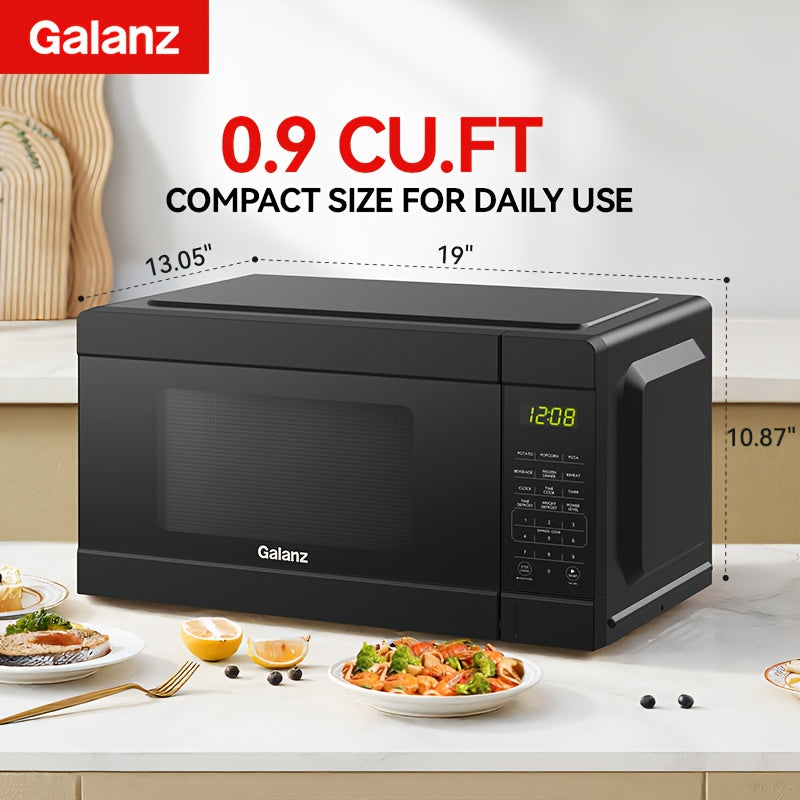 Galanz Sleek Compact Microwave | Black Stainless Steel Finish, 0.9 Cu Ft Small Footprint, 6 Auto Preset Menus & 30s Instant Cook, LED Touch Screen & Efficient Defrost, Stylish Addition to Tiny Kitchens with Big Performance
