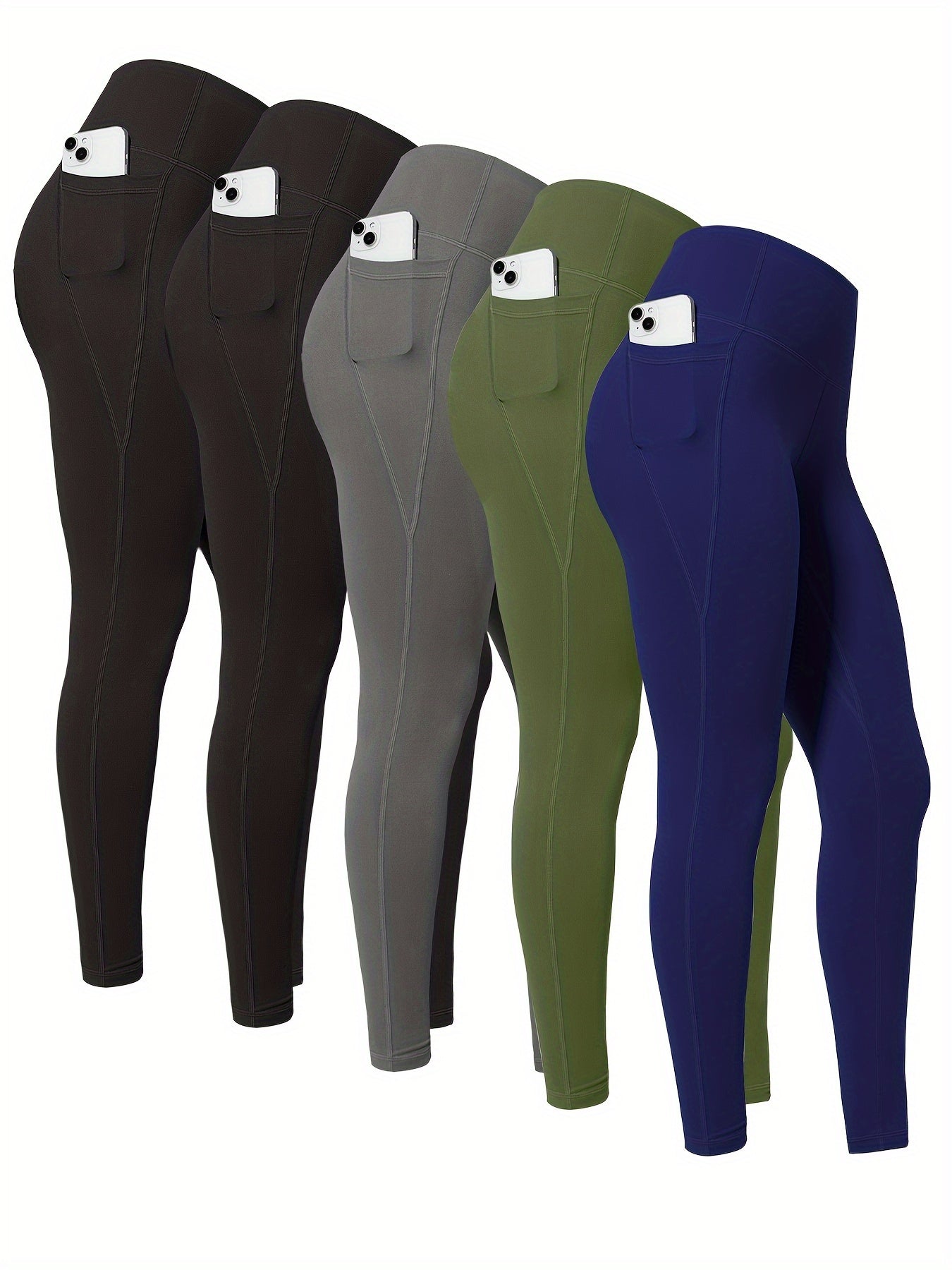 5pcs Multi-Color Pack (Maroon/Blue/Black/Olive) Women's High-Waisted Leggings with Side Pockets - Non-See-Through & Casual Pants, Stretchy Cropped Bottoms (Nine-Tenths Length), All-Season, Casual Attire, Leggings, Solid Color