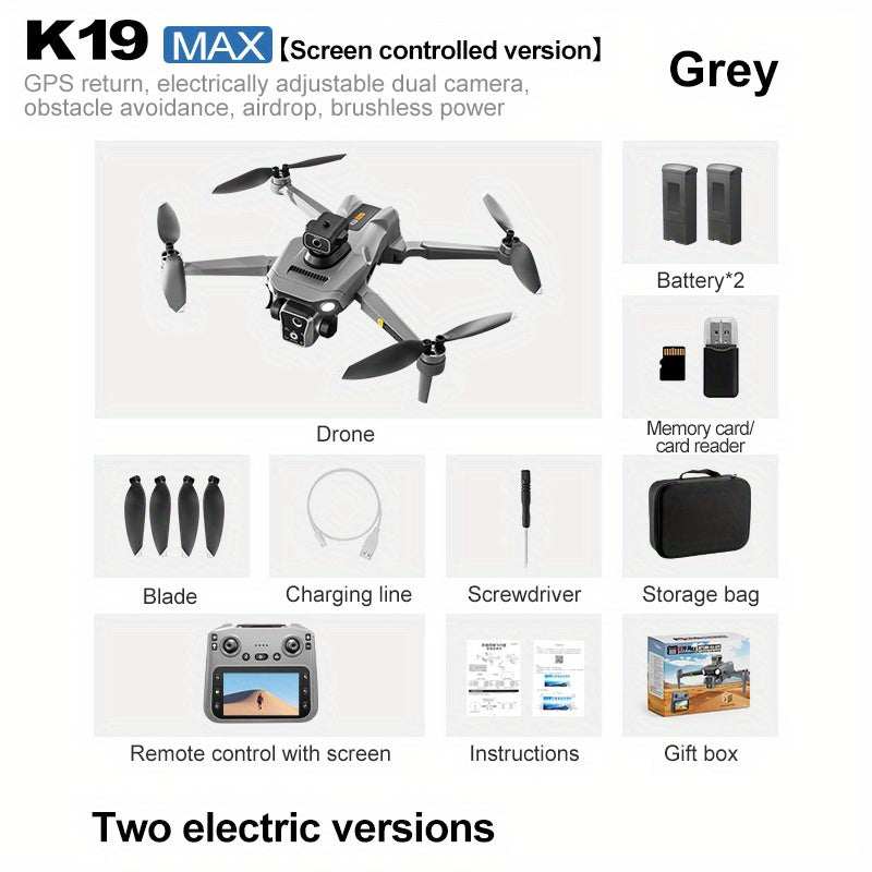 New K19 MAX GPS Folding Drone with Large 4.5-inch LCD Screen And Memory Card, Aerial Drop Function, 5G WiFi FPV First View, 360° Obstacle Avoidance, Brushless Motors, Optical Streaming Positioning, Includes Three Batteries A