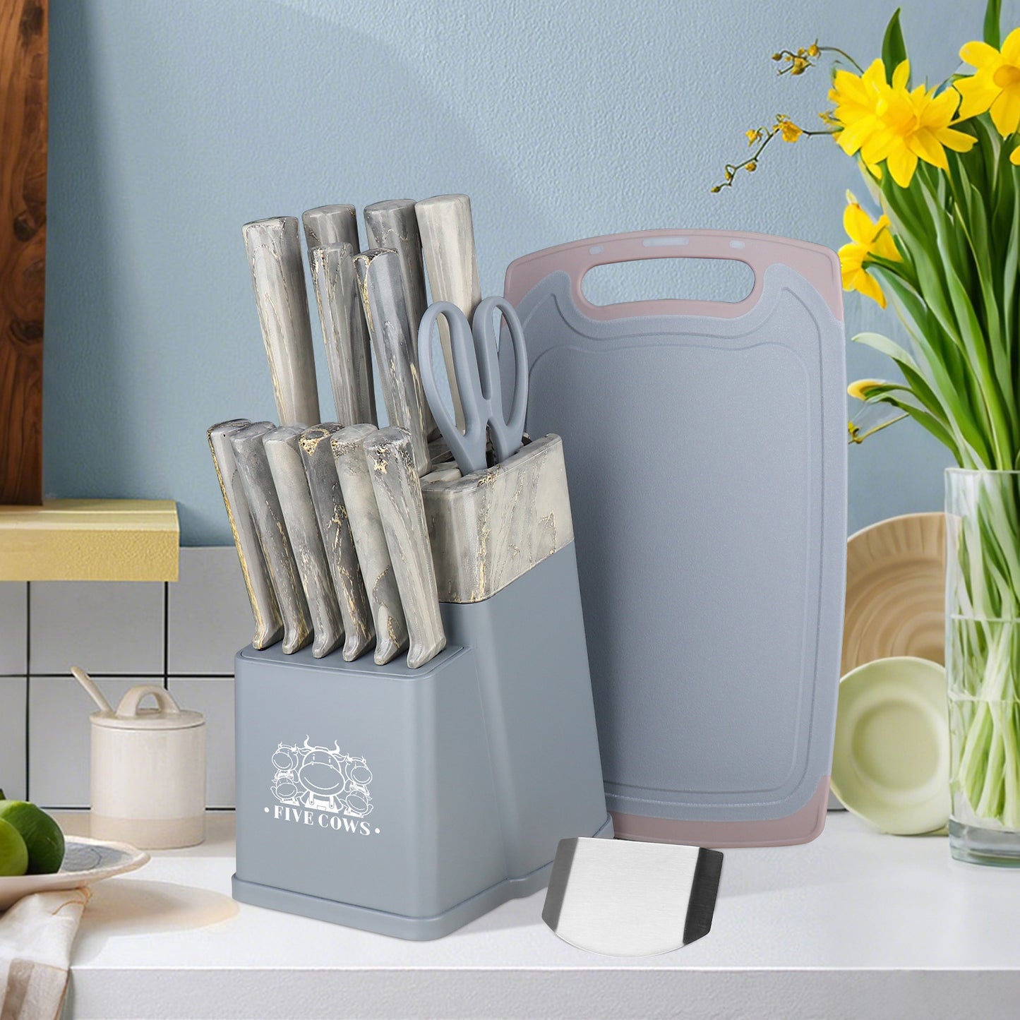 FIVE COWS 16pcs Kitchen knife set for chefs, kitchen knife, bone knife, fruit knife, multi-purpose scissors and fruit knife, with chopping board, anti-cutting device, healthy cooking kitchen knife set, Mom gift first choice