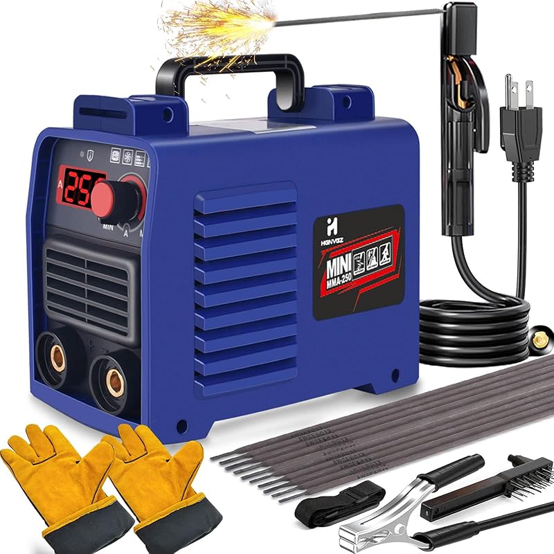 Upgraded Portable MMA-250A 110V Welding Machine with IGBT Technology & LCD Display, Hot Start Anti-Stick System, Complete DIY Welding Kit, Heavy-Duty ABS Housing & Cooling Fan Suitable for Workshop, Professional, DIY Welding
