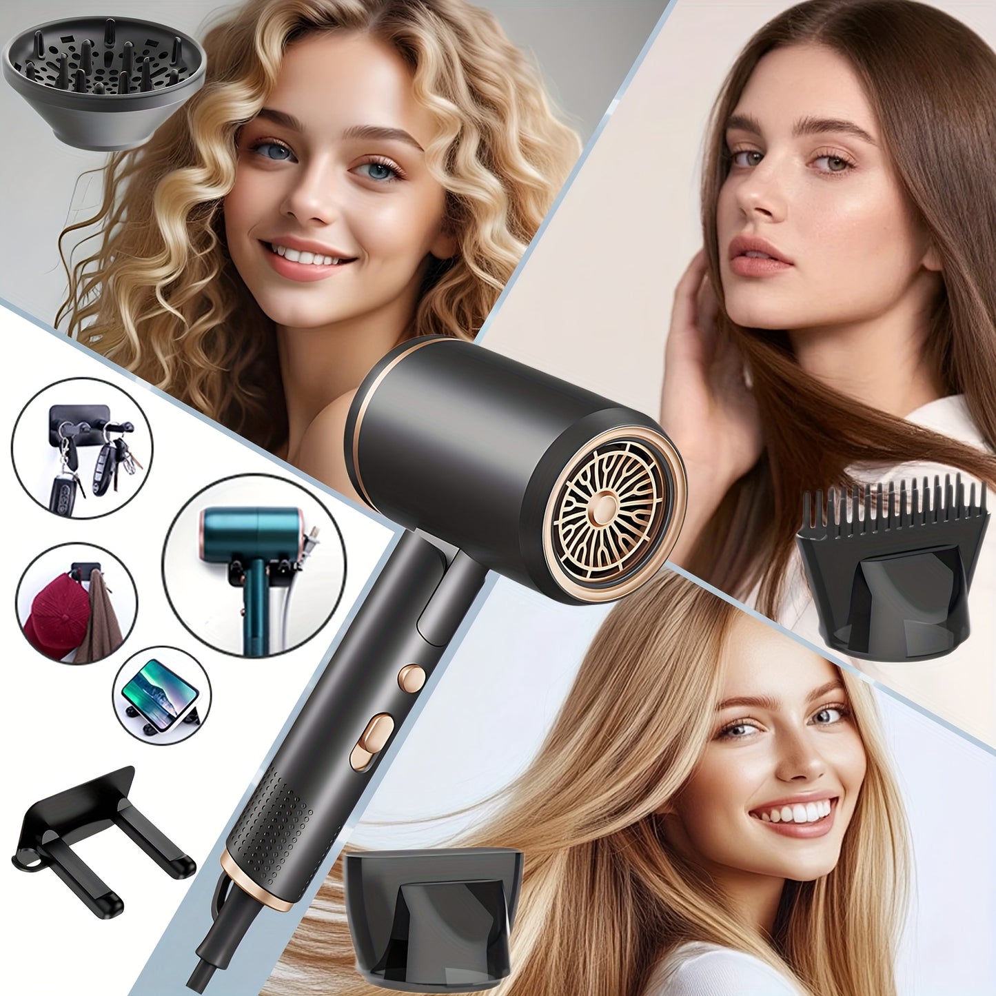 Professional Ionic Hair Dryer with Diffuser & Concentrator Lightweight, Fast Drying for Curly Hair, Ceramic Technology, Foldable & Quiet Salon-Quality Travel Blow Dryer